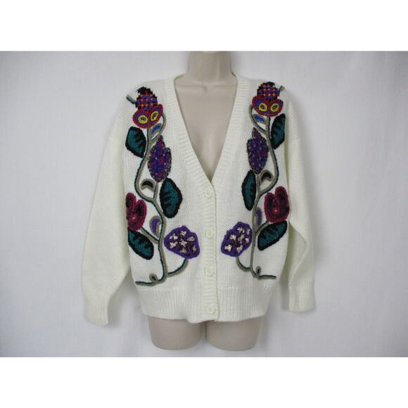 VINTAGE Cottage GrannyCore Cardigan Sweater Medium Embroidered Floral Chunky Y2K - Picture 6 of 13